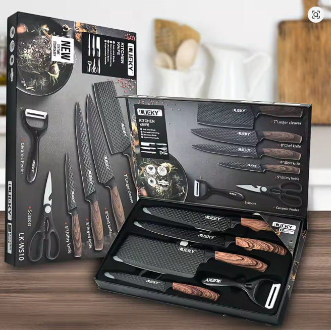 Professional 6-piece kitchen knife set, including chef knife, slicing knife, scraper and scissors, gift box
