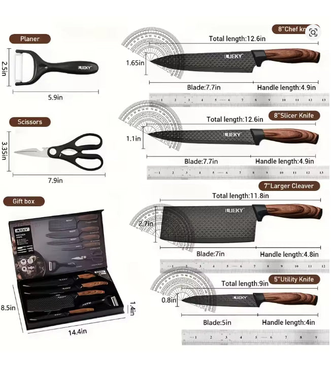 Professional 6-piece kitchen knife set, including chef knife, slicing knife, scraper and scissors, gift box